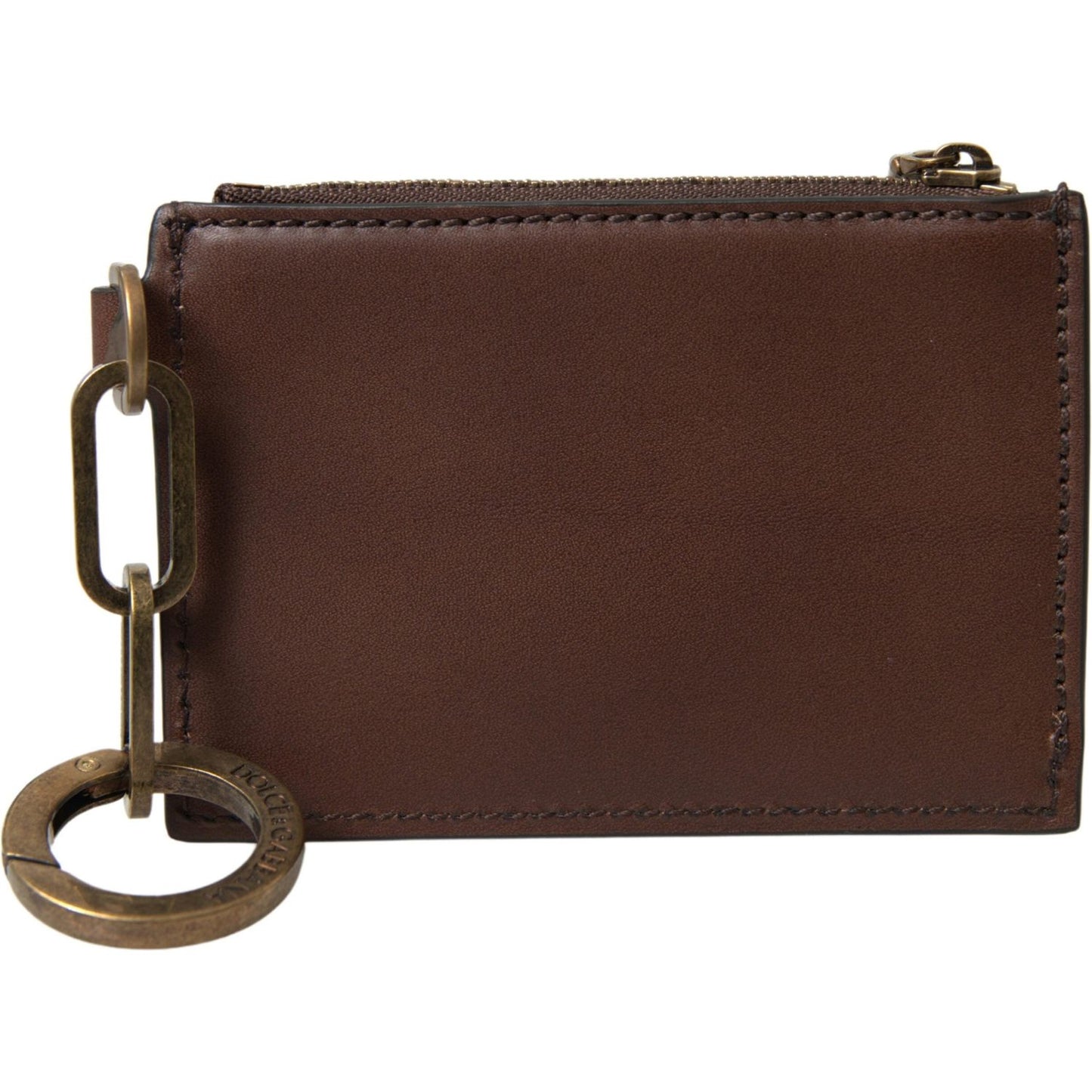 Dolce & Gabbana Brown Leather Zip Logo Keyring Coin Purse Wallet