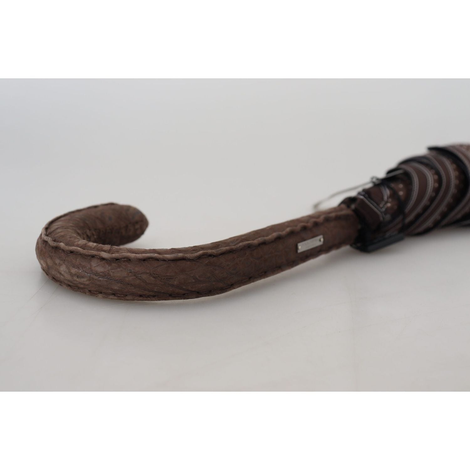 Dolce & Gabbana Brown Striped Leather Handle Collapsible Sartoria Umbrella