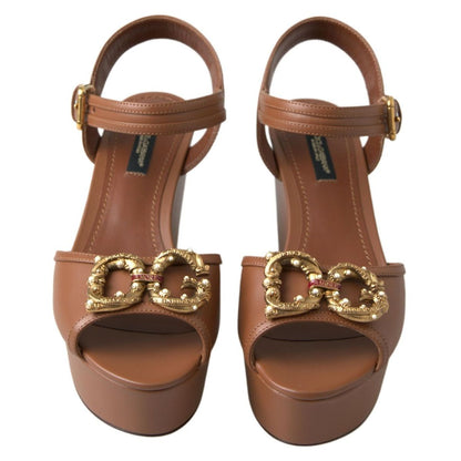 Dolce & Gabbana Brown Leather AMORE Wedges Sandals Shoes