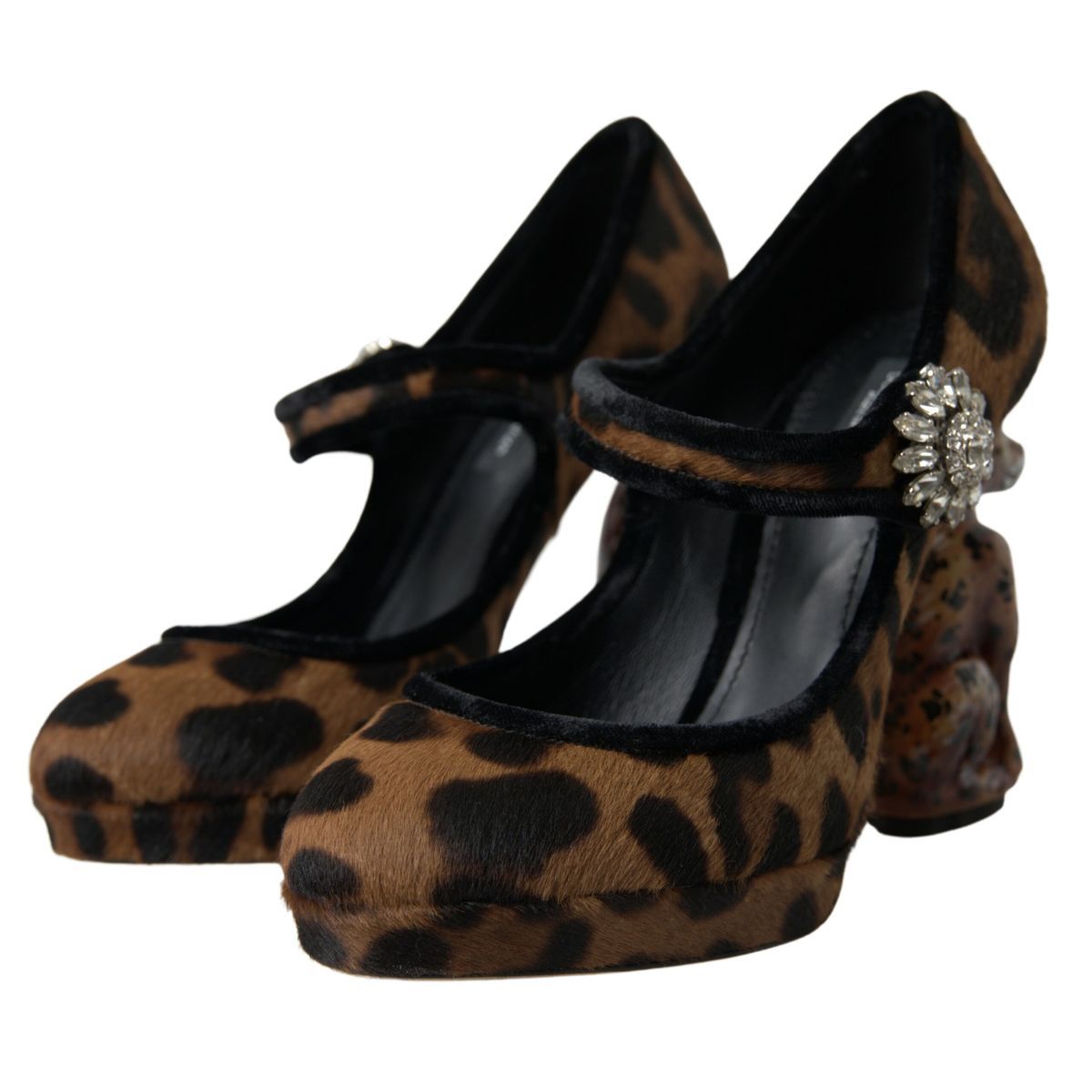 Dolce & Gabbana Black Brown Calf Leopard Heel Mary Jane Pump Shoes
