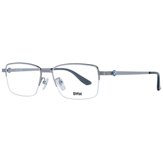 BMW Silver Men Glasses Frame in titanium, half-rim style, with demo plastic lenses, size 55-17-145, silver color, rectangular design.