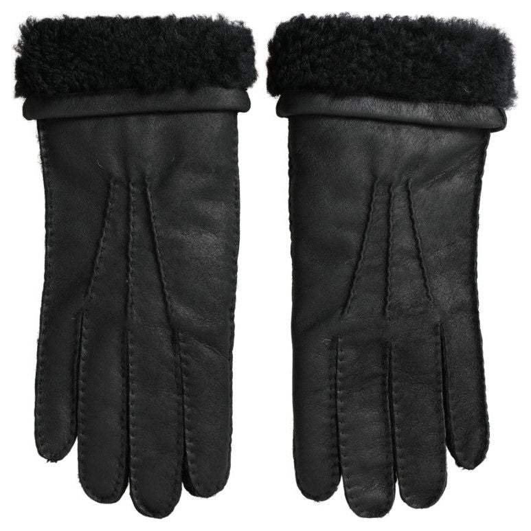 Dolce & Gabbana Black Leather Fur Short Hands Mitten Men Gloves