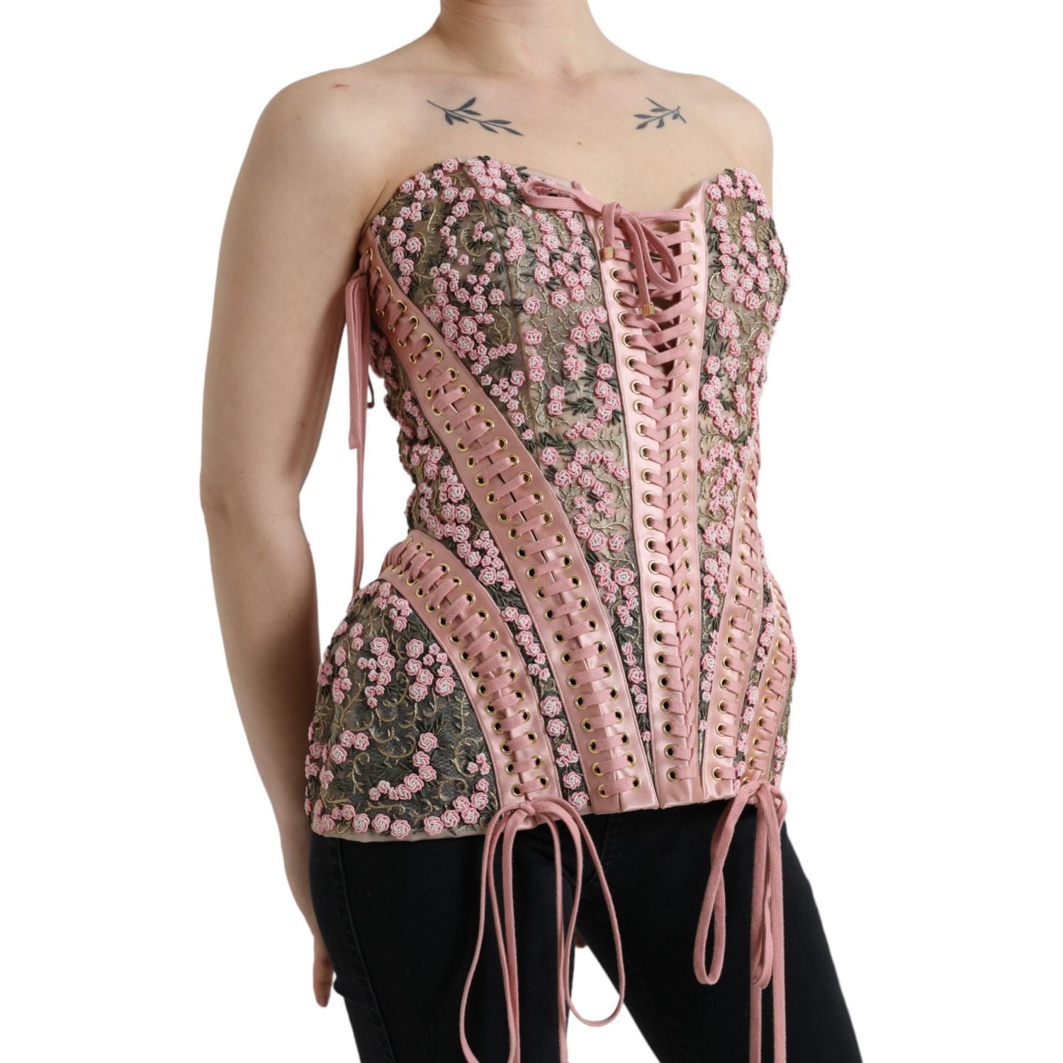 Dolce & Gabbana Pink Floral Applique Bustier Corset Top