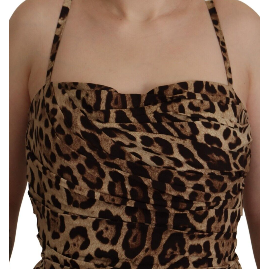 Dolce & Gabbana Brown Leopard Print Ruched Midi Dress