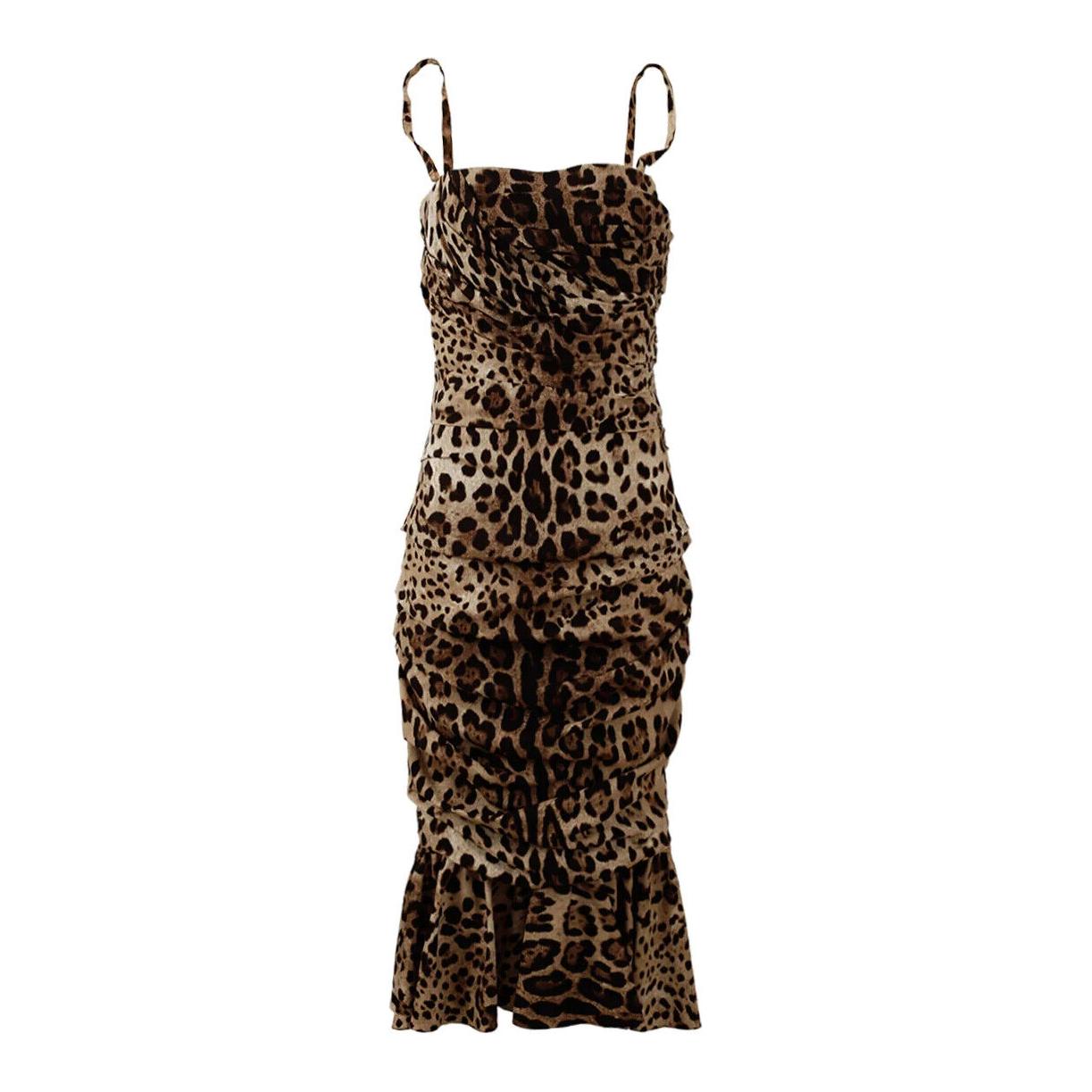 Dolce & Gabbana Brown Leopard Print Ruched Midi Dress