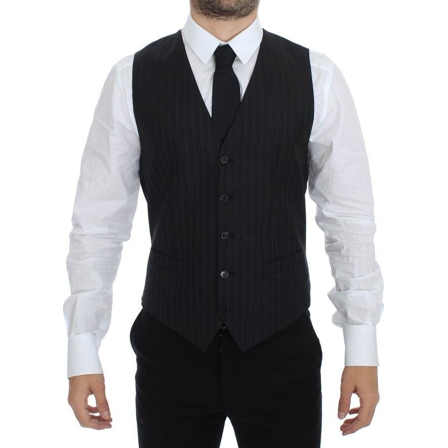 Dolce & Gabbana Black Striped Wool Silk Dress Vest Gilet