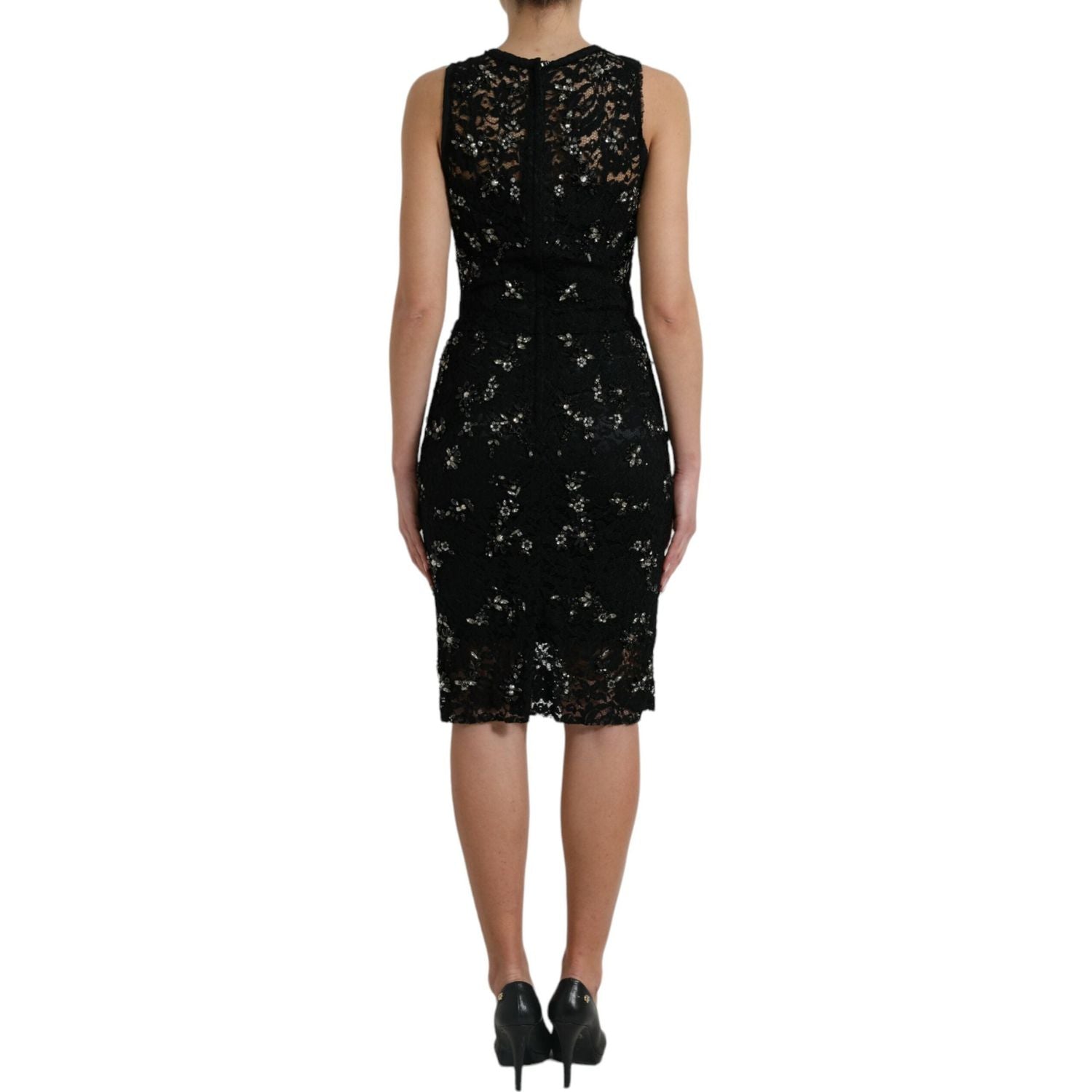 Dolce & Gabbana Black Floral Lace Crystal Sheath Dress