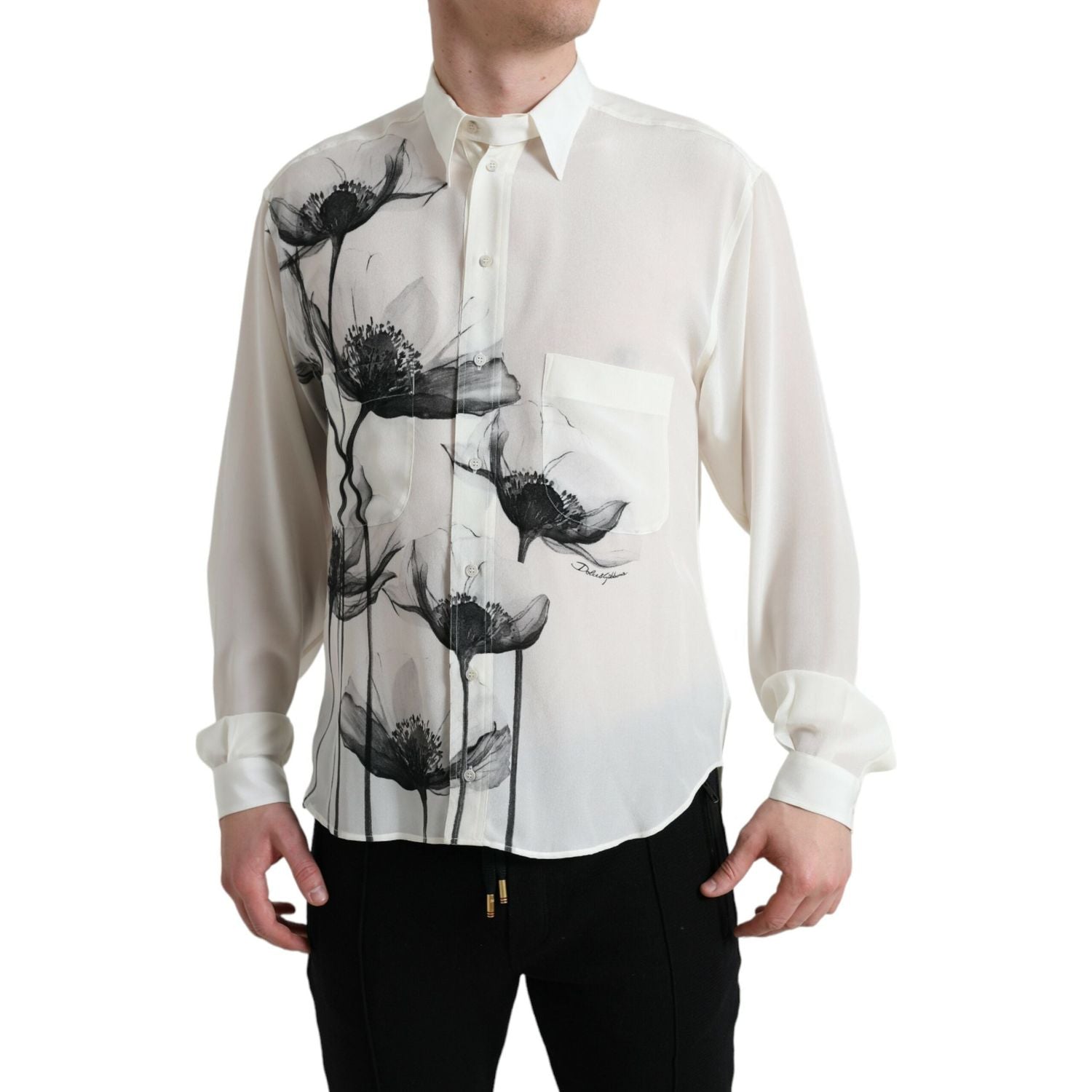 Dolce & Gabbana White Floral Collared Dress Silk Shirt