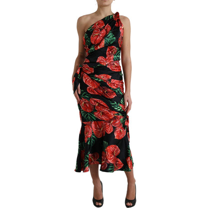 Dolce & Gabbana Black Shiny Silk Floral Print Draped Dress