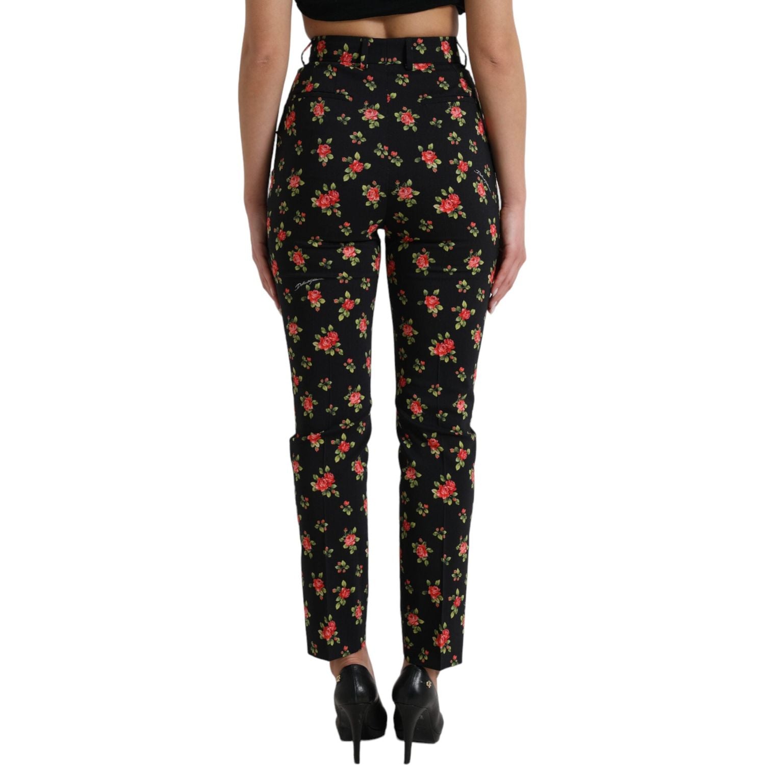 Dolce & Gabbana Black Floral Wool High Waist Tapered Pants