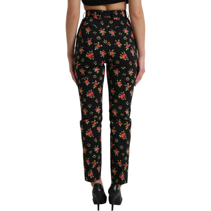 Dolce & Gabbana Black Floral Wool High Waist Tapered Pants