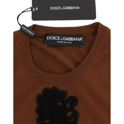 Dolce & Gabbana Brown Wool Black Lace Vest Sweater Top