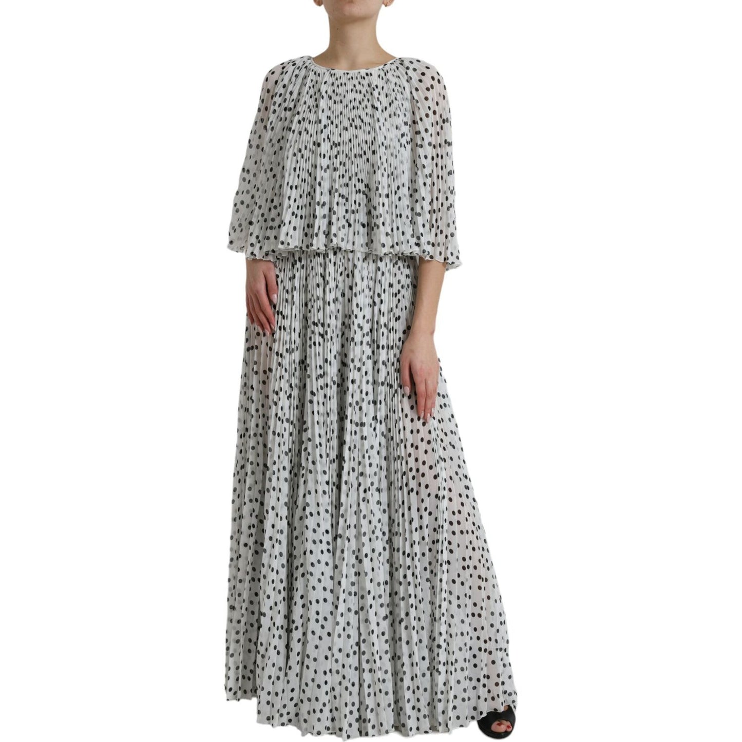Dolce & Gabbana White Polka Dot A-line Pleated Maxi Dress DR281095-40