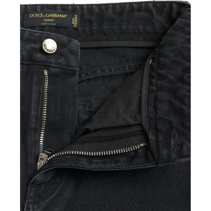 Dolce & Gabbana Black Cotton High Waist Tattered Denim Jeans