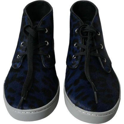 Dolce & Gabbana Blue Calfskin Leopard Mid Top Sneakers Shoes