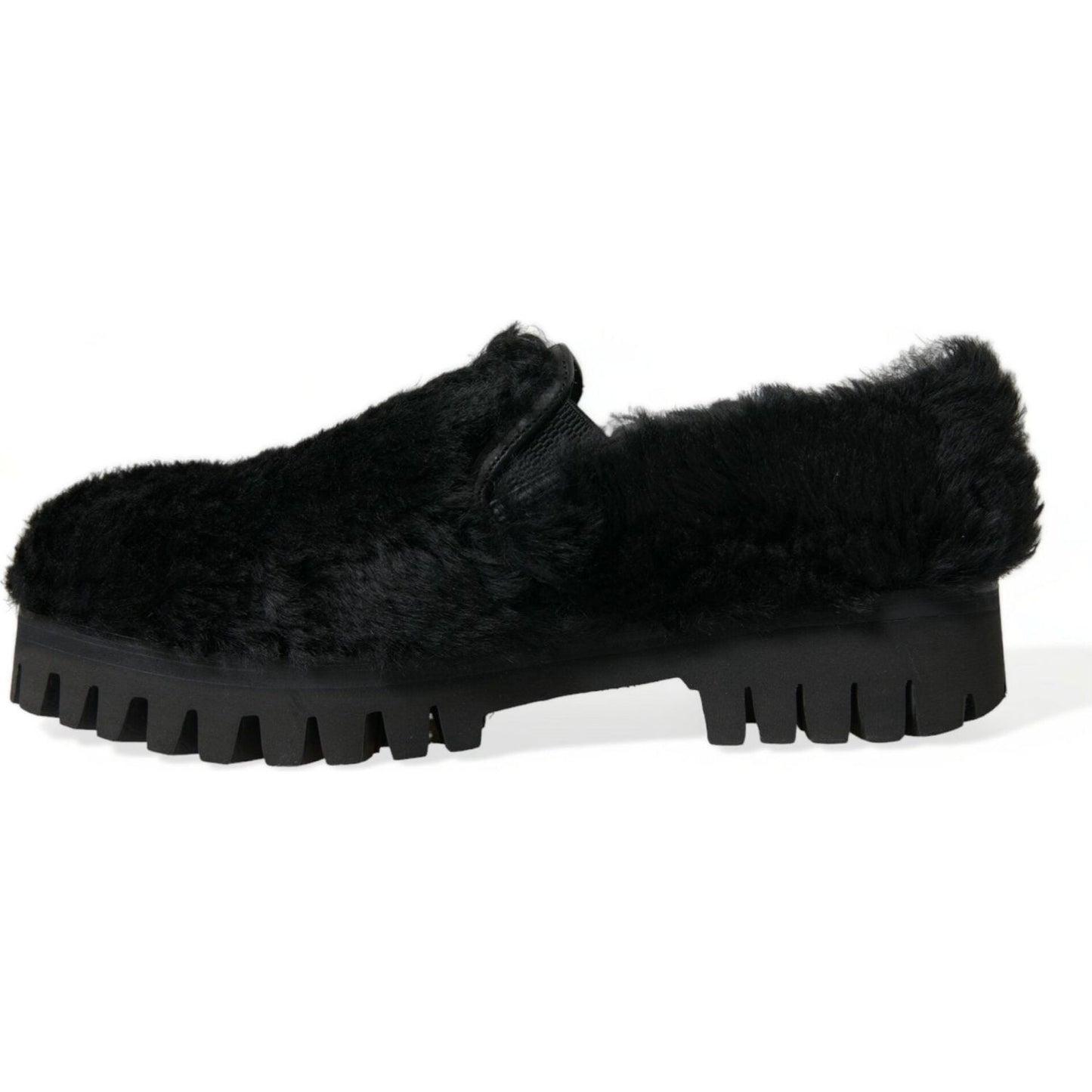 Dolce & Gabbana Black Fur Leather Slippers Dress Shoes