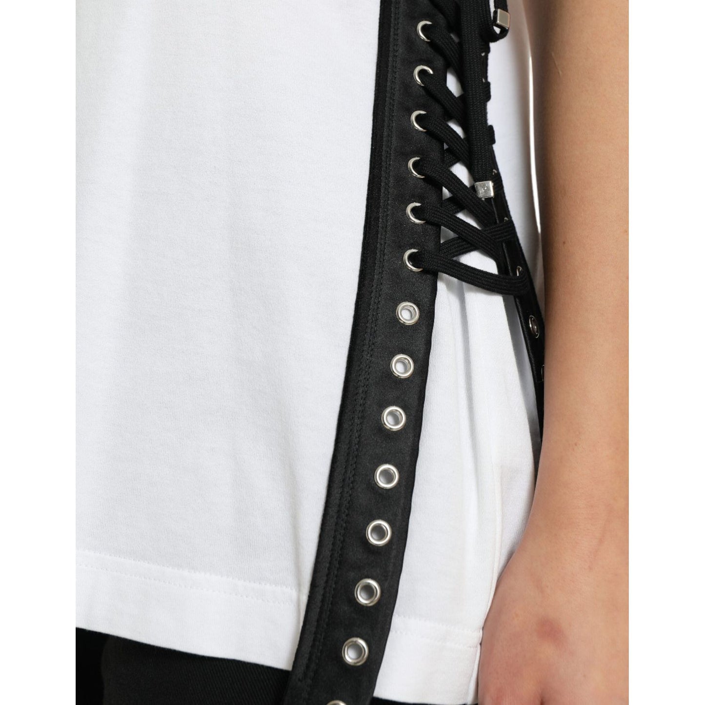 Dolce & Gabbana White Slogan Print Lacing Detailed T-shirt