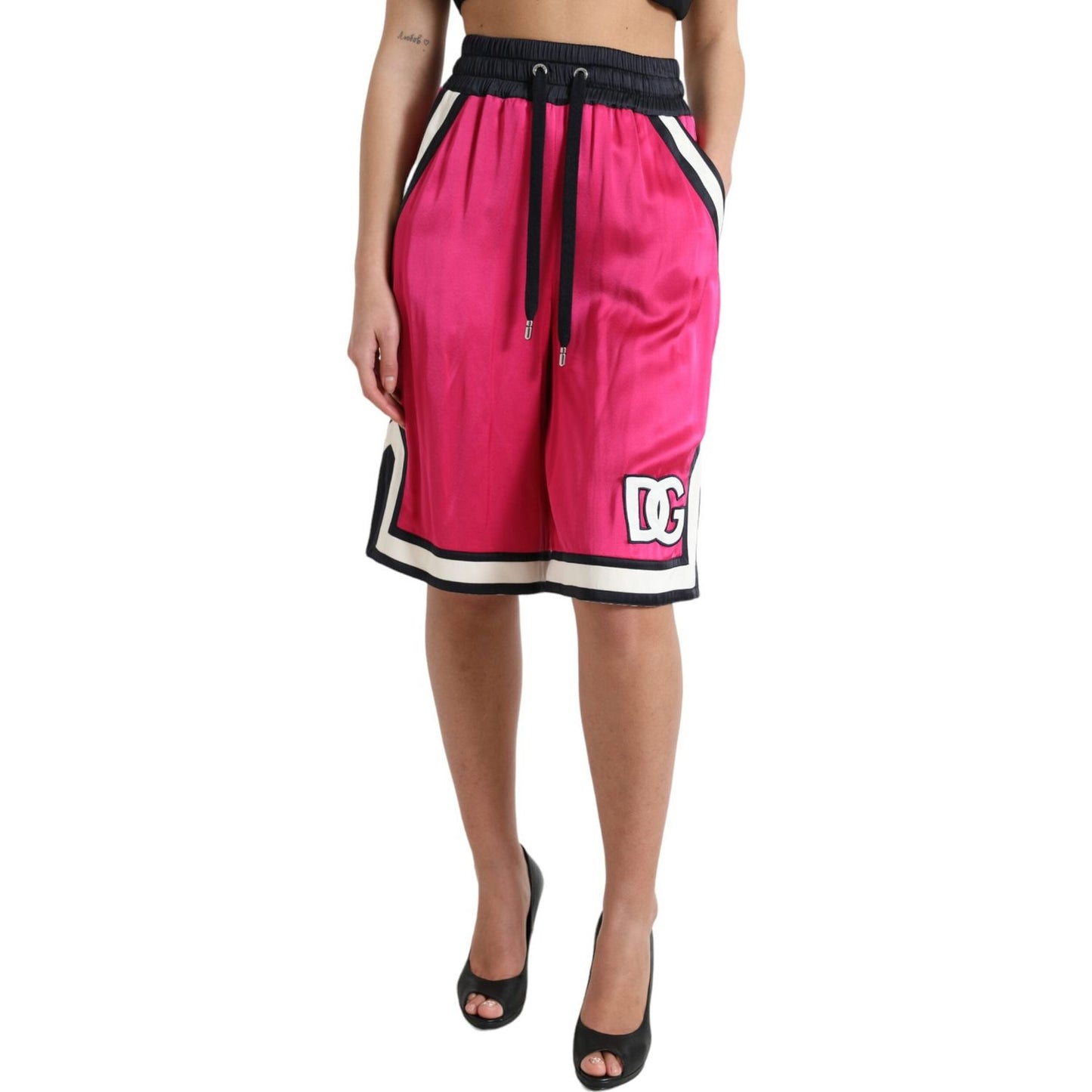 Dolce & Gabbana Pink Viscose Jersey Logo High Waist Shorts