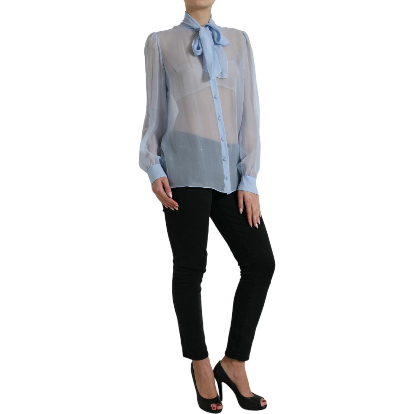 Dolce & Gabbana Blue Long Sleeves Ascot Collar Blouse Top