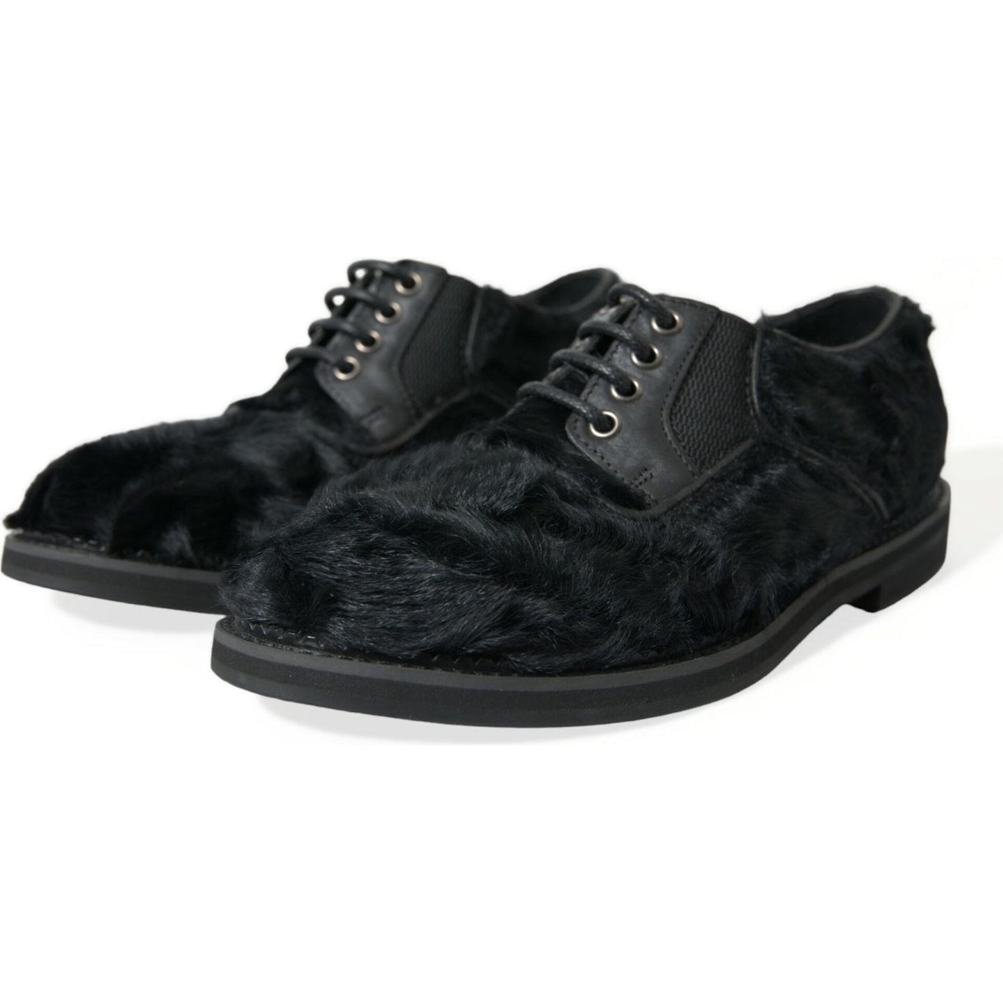 Dolce & Gabbana Black Fur Leather Lace Up Derby Dress Shoes
