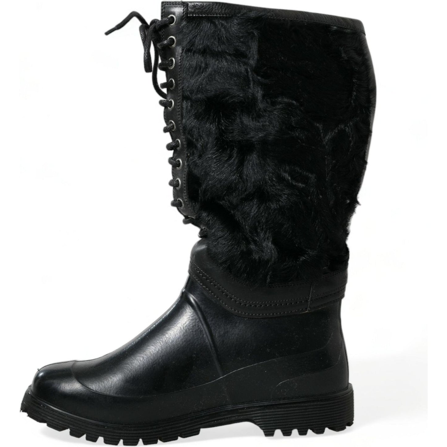 Dolce & Gabbana Black Rubber Lace Up Shearling Rain Boots Shoes
