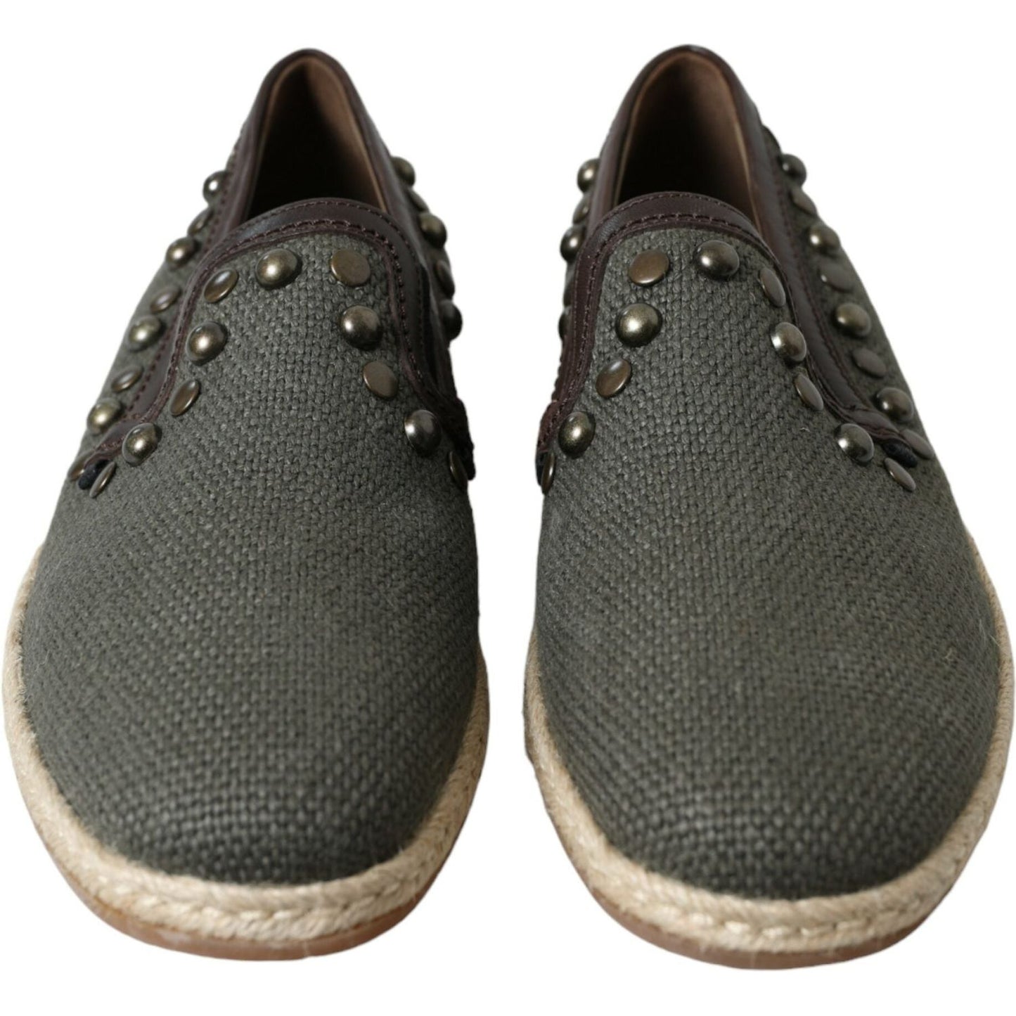 Dolce & Gabbana Gray Linen Leather Studded Loafers Shoes