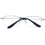 BMW Silver Men Glasses Frame, metal half-rim rectangle eyeglasses with demo lenses, silver frame for men, includes branded case.