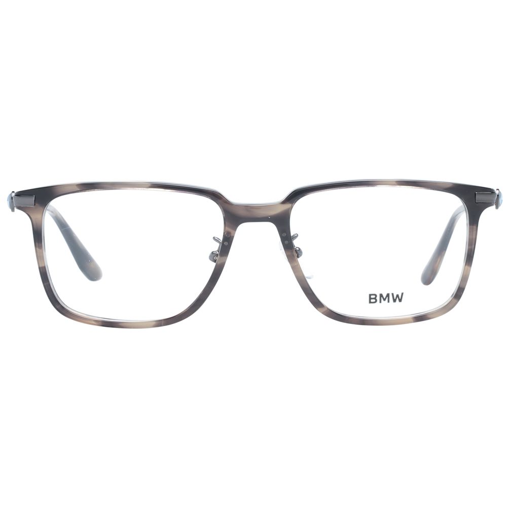 "BMW Gray Men Glasses Frame featuring grey plastic full-rim rectangle style, size 54-18-150 with demo lenses, includes branded case."