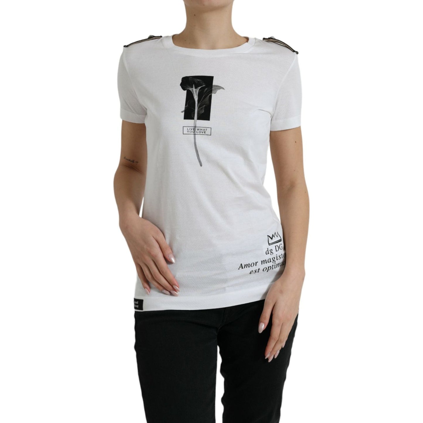 Dolce & Gabbana White Black Roses Crewneck Cotton T-shirt