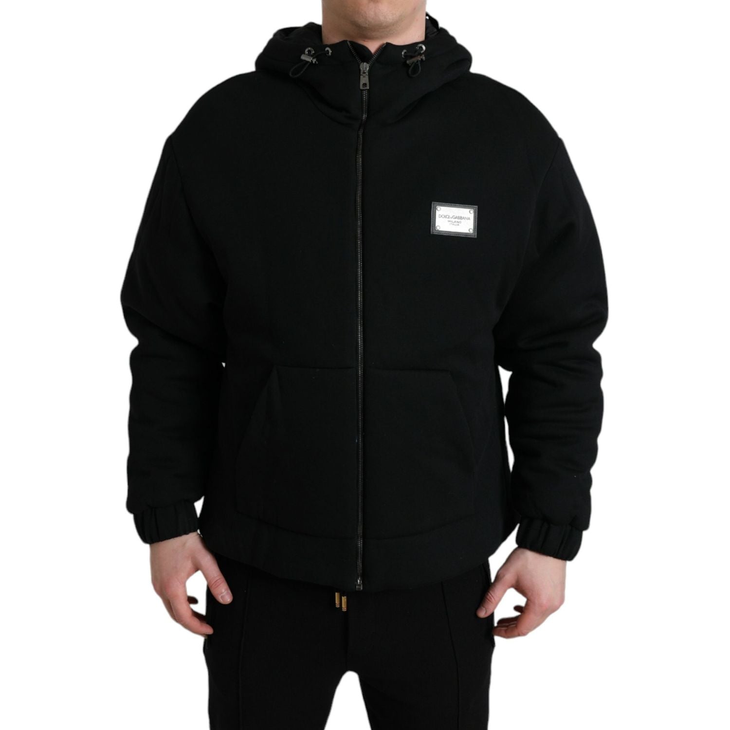 Dolce & Gabbana Black Cotton Hooded Logo Bomber Jacket