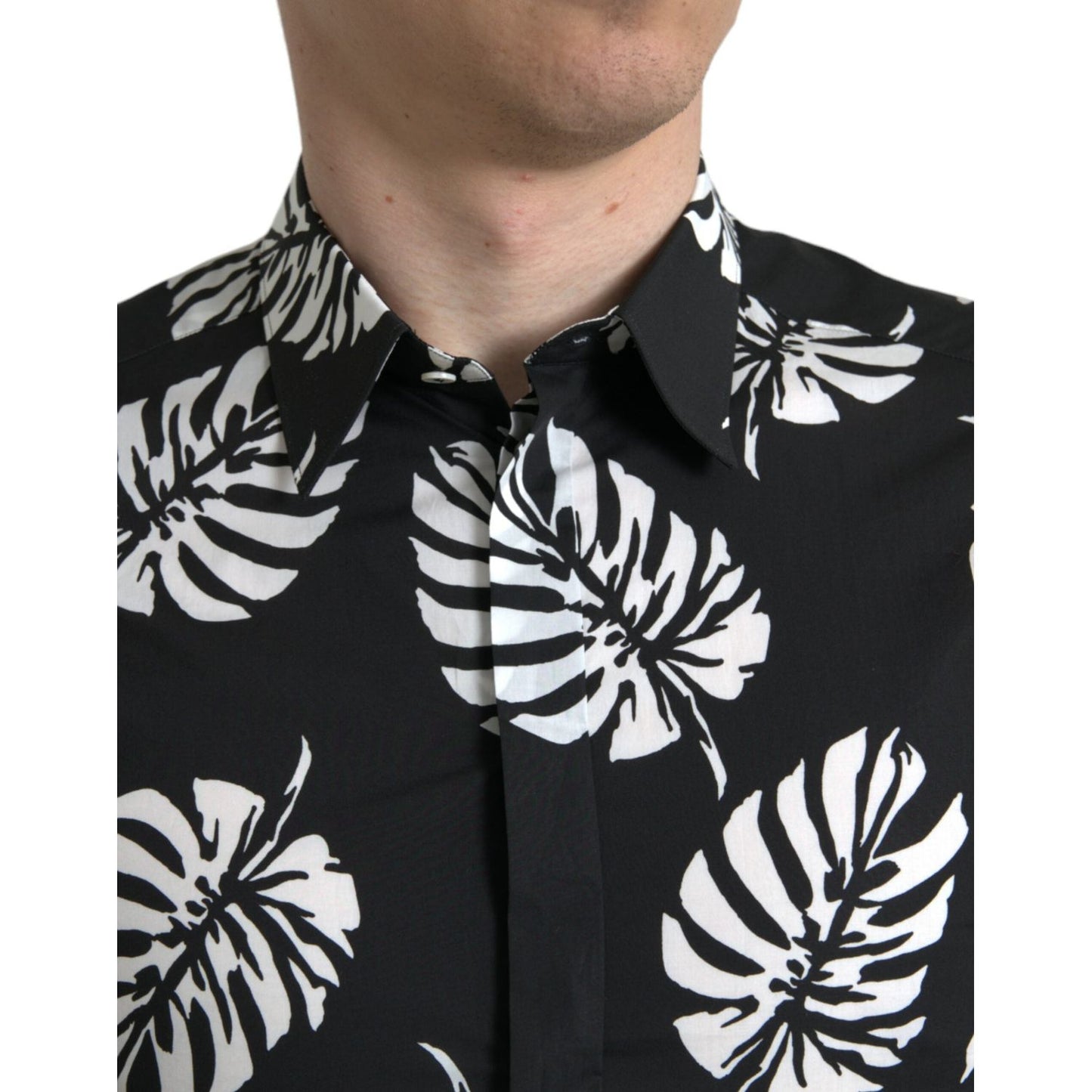 Dolce & Gabbana Black Leaf Cotton Men Formal GOLD Dress Shirt