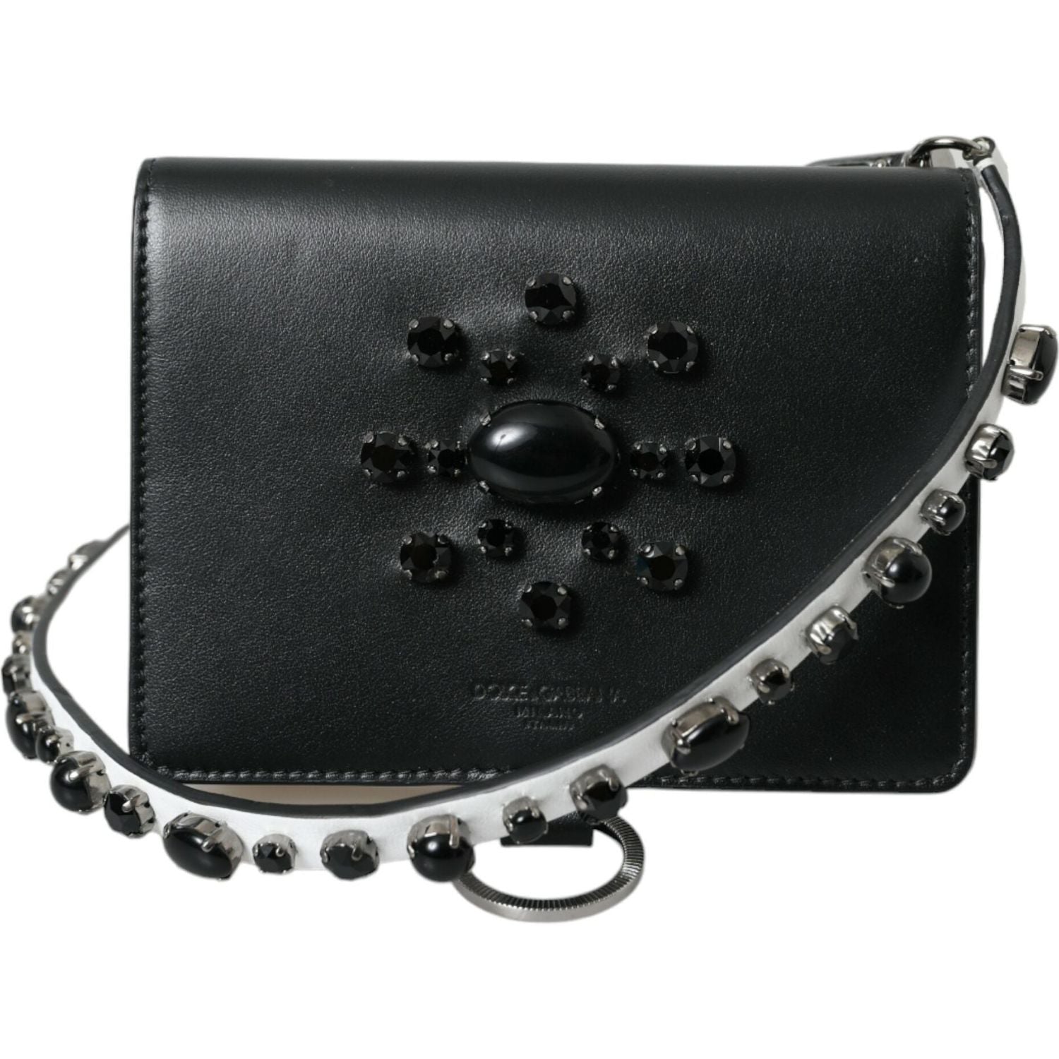 Dolce & Gabbana Black White Leather Crystal Embellished Cardholder Wallet