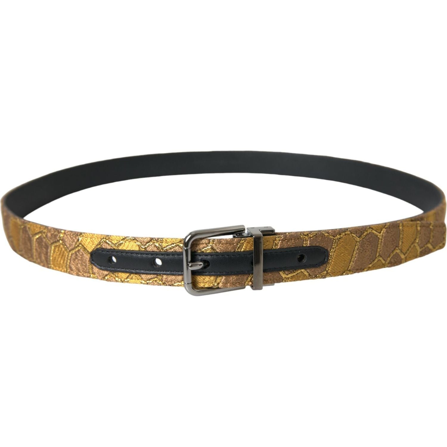Dolce & Gabbana Gold Leather Jacquard Silver Metal Buckle Belt
