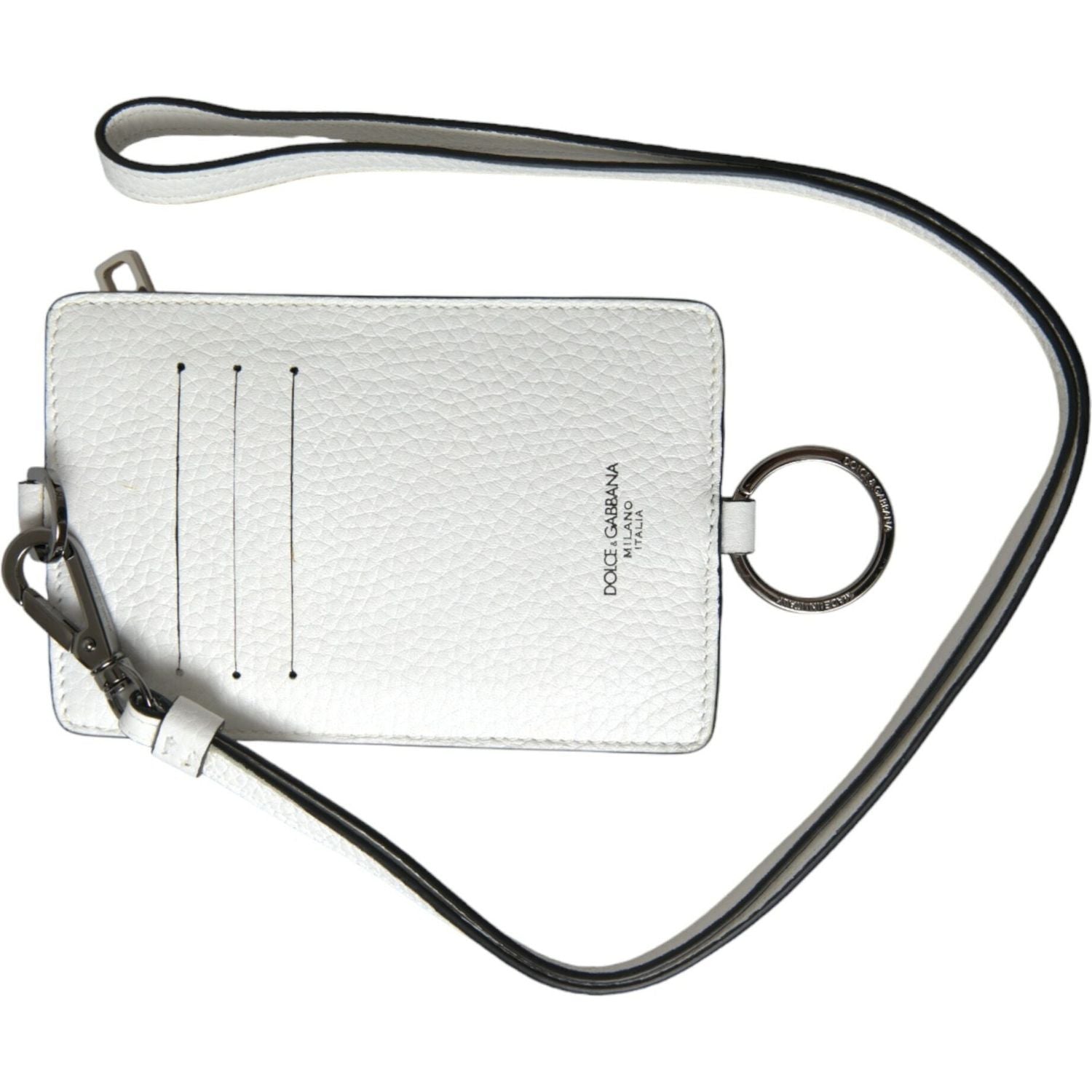 Dolce & Gabbana White Calf Leather Lanyard Logo Card Holder Wallet
