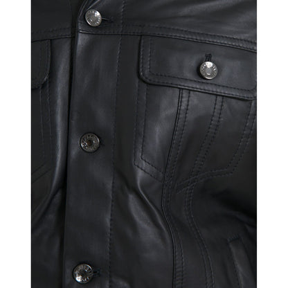 Dolce & Gabbana Black Leather Fur Collar Biker Coat Jacket