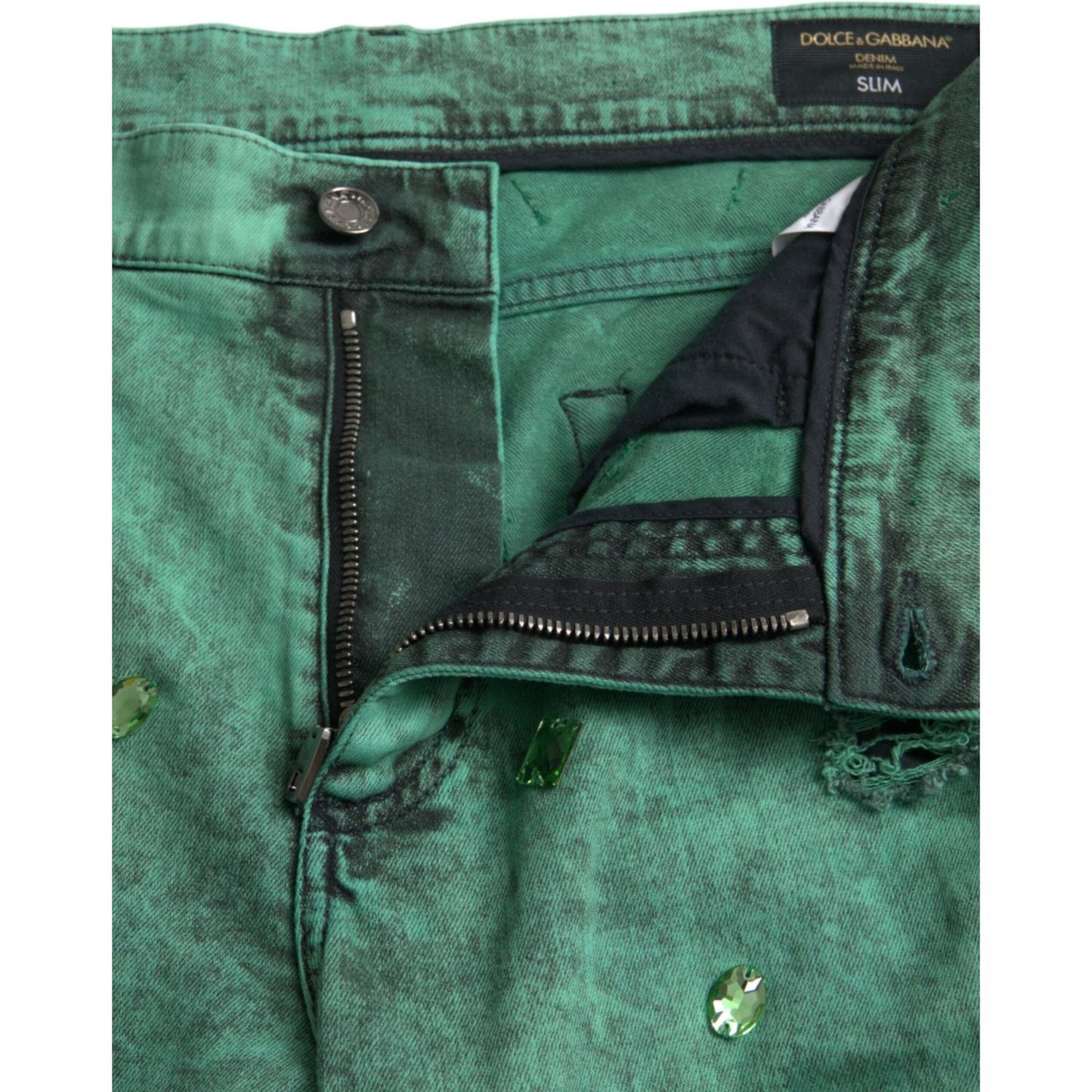 Dolce & Gabbana Green Crystals Cotton Stretch Slim Jeans