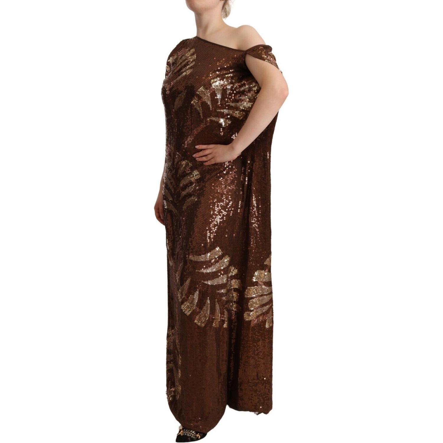 Dsquared² Brown Leaf Sequined Shift One Shoulder Long Dress