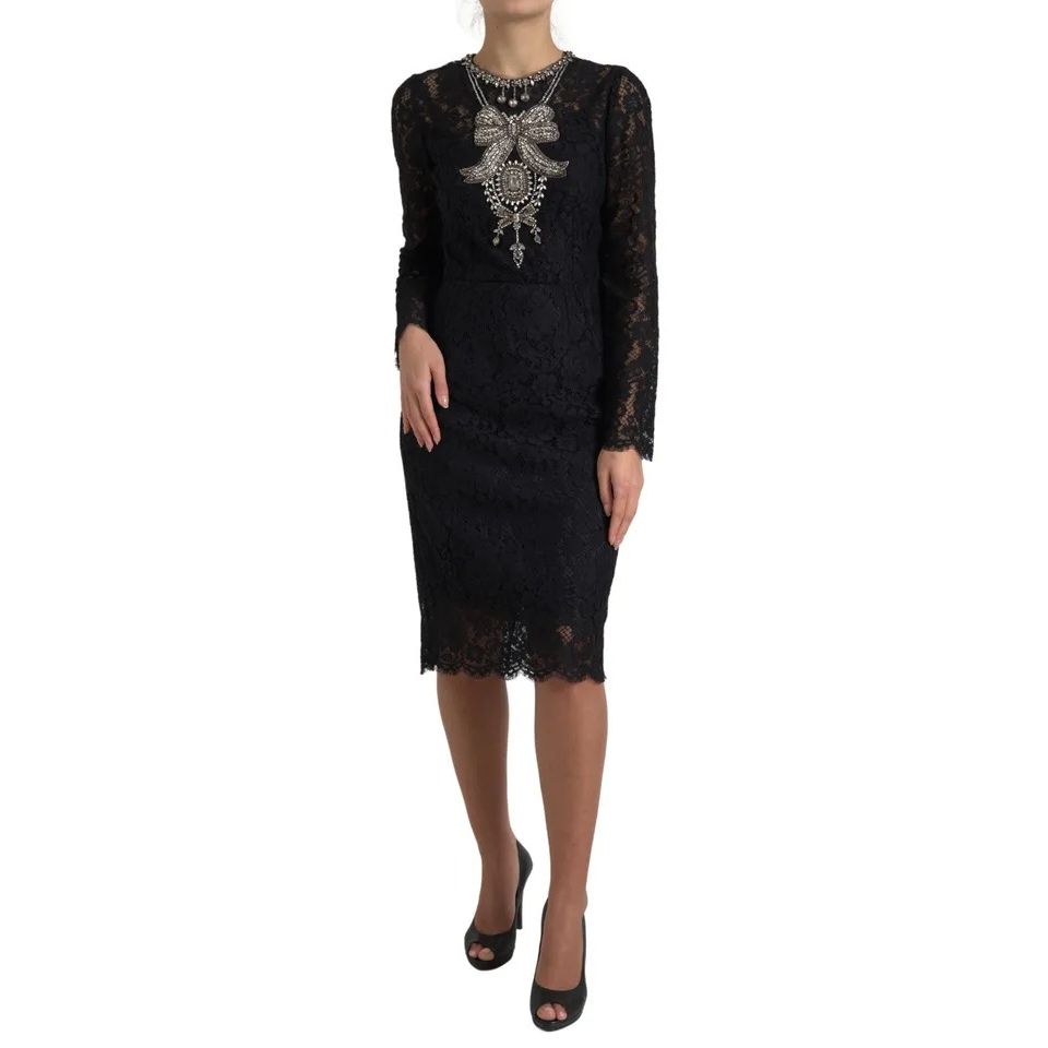 Dolce & Gabbana Black Nylon Lace Embellished Sheath Dress