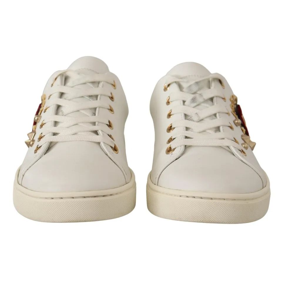Dolce & Gabbana White Leather Gold Red Heart Sneakers Shoes