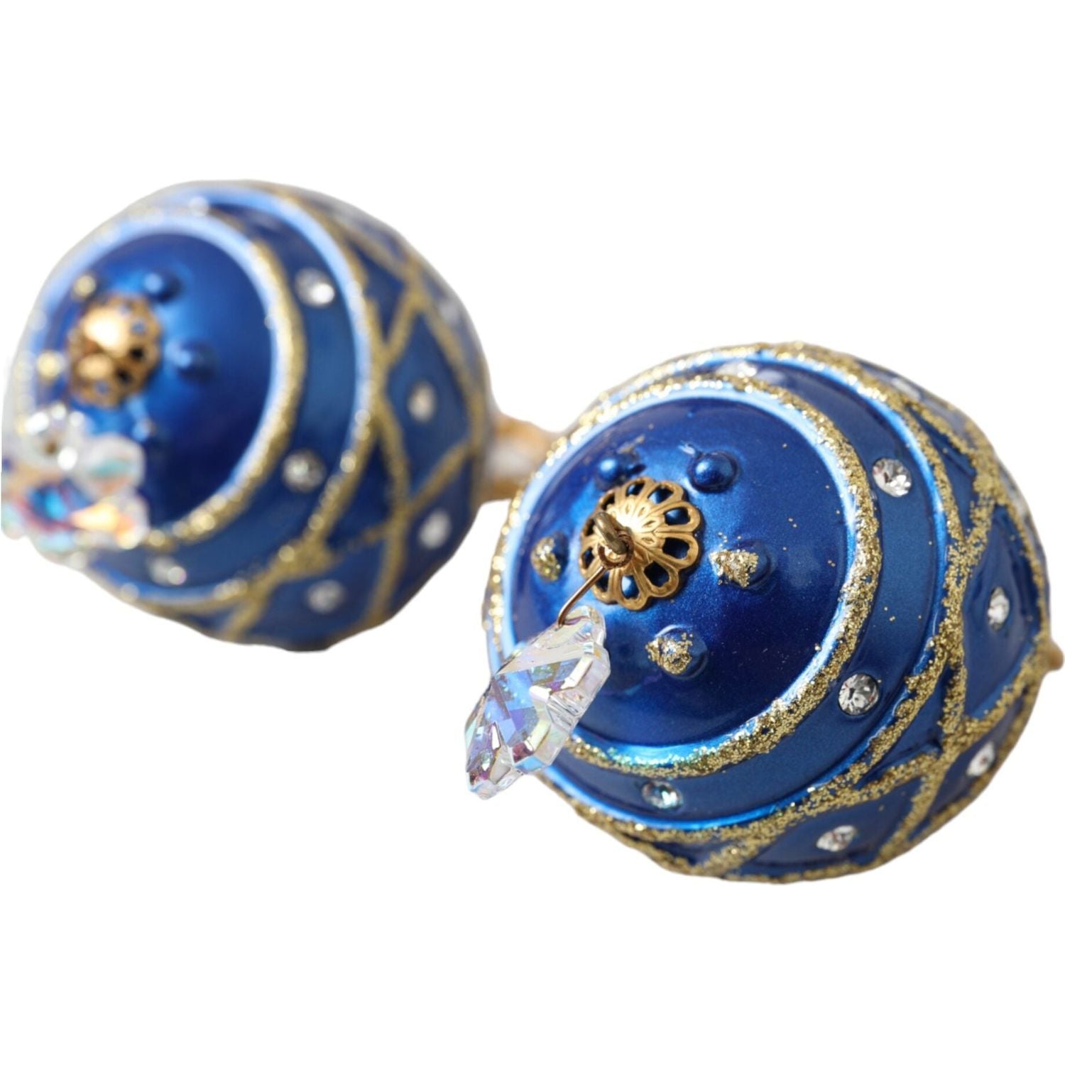 Dolce & Gabbana Gold Brass Blue Dangle Christmas Ball Crystal Clip On Earrings