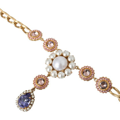 Dolce & Gabbana Gold Brass Crystal Purple Pink Pearl Pendants Necklace