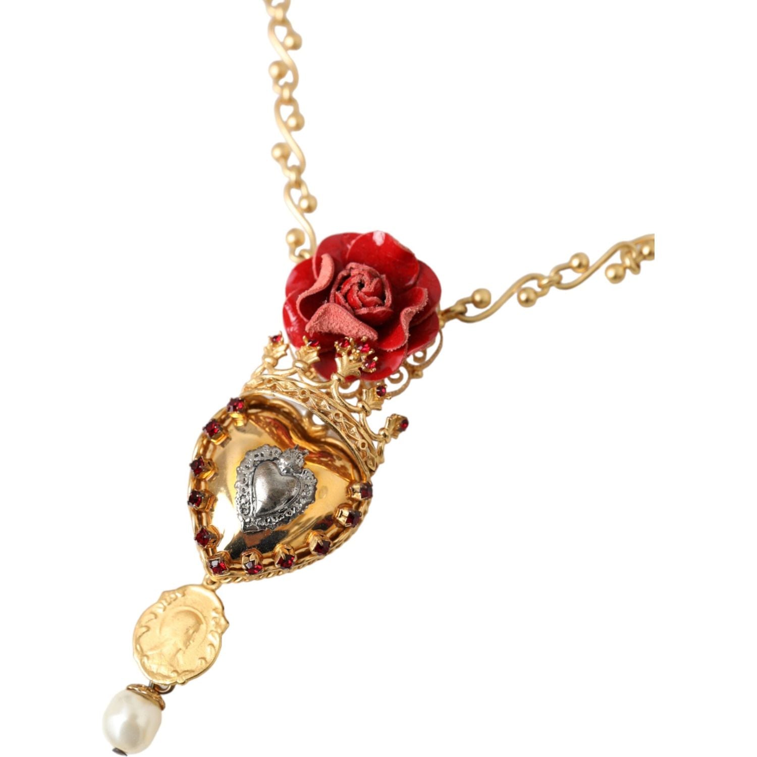 Dolce & Gabbana Gold BrassChain Sacred Heart Rose Crystal Charm Necklace
