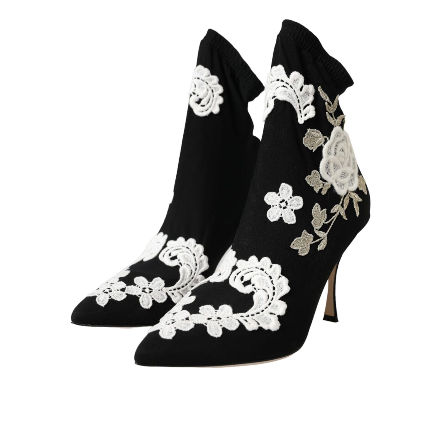 Dolce & Gabbana Black White Embroidery Slip On Boots Shoes