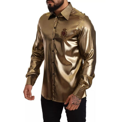 Dolce & Gabbana Metallic Gold DG Embroidered Crown Silk Top Shirt