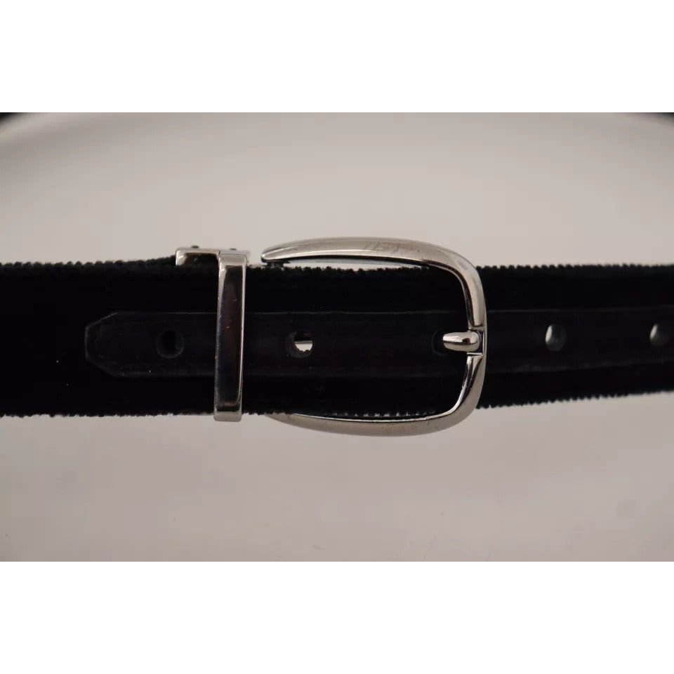 Dolce & Gabbana Black Velvet Silver Tone Metal Logo Buckle Belt