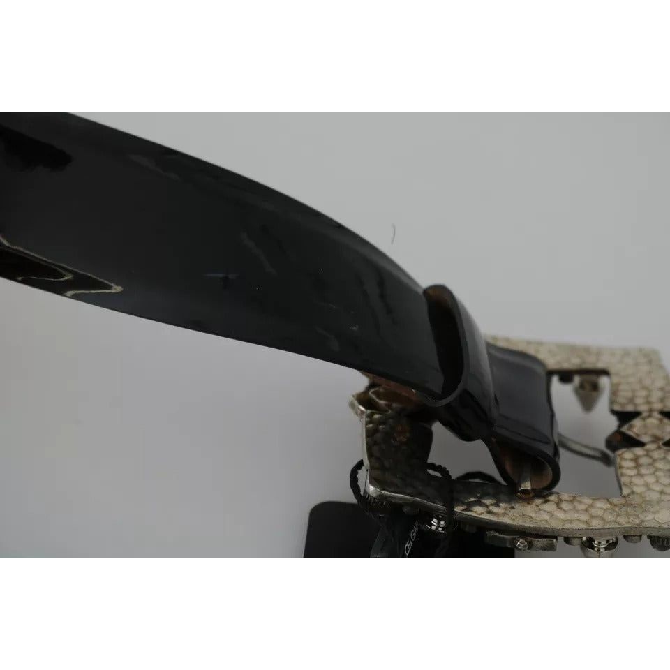 Dolce & Gabbana Black Shiny Leather Crystal Logo Buckle Belt