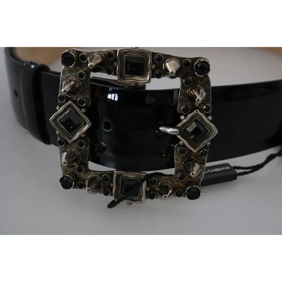 Dolce & Gabbana Black Shiny Leather Crystal Logo Buckle Belt