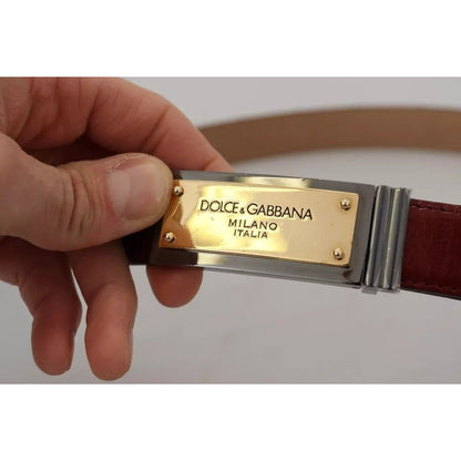 Dolce & Gabbana Brown Leather Gold Engraved Metal Buckle Belt