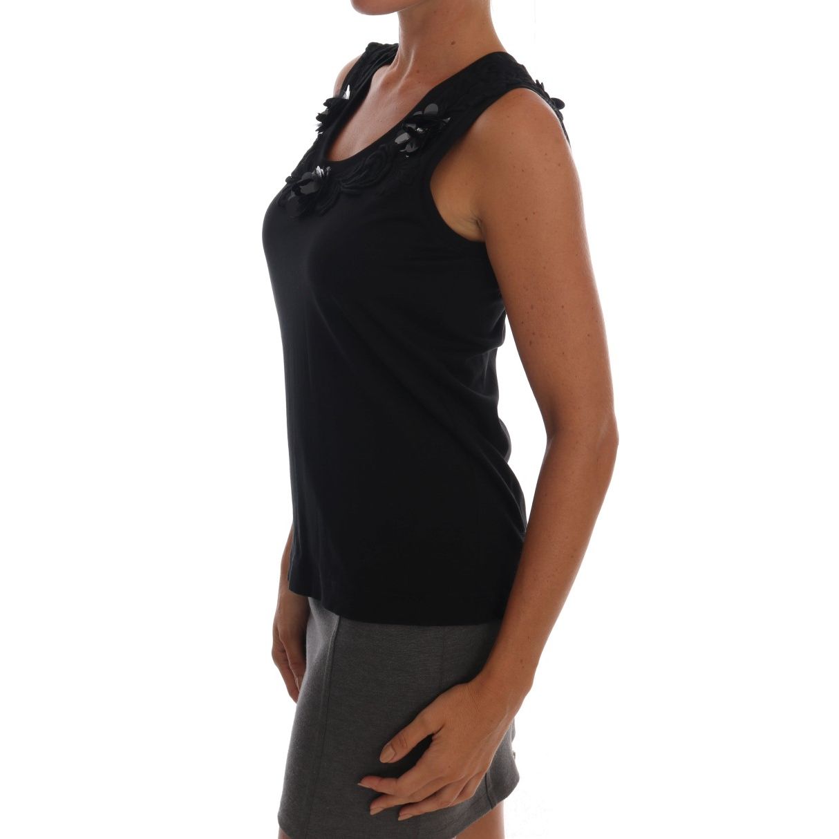 Dolce & Gabbana Black Cotton Floral Crystal Tank Top