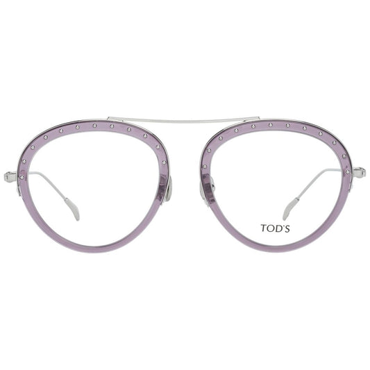 Tod's Purple Women Glasses Frame with round lenses, silver metal and leather details, full-rim style, and branded case included.